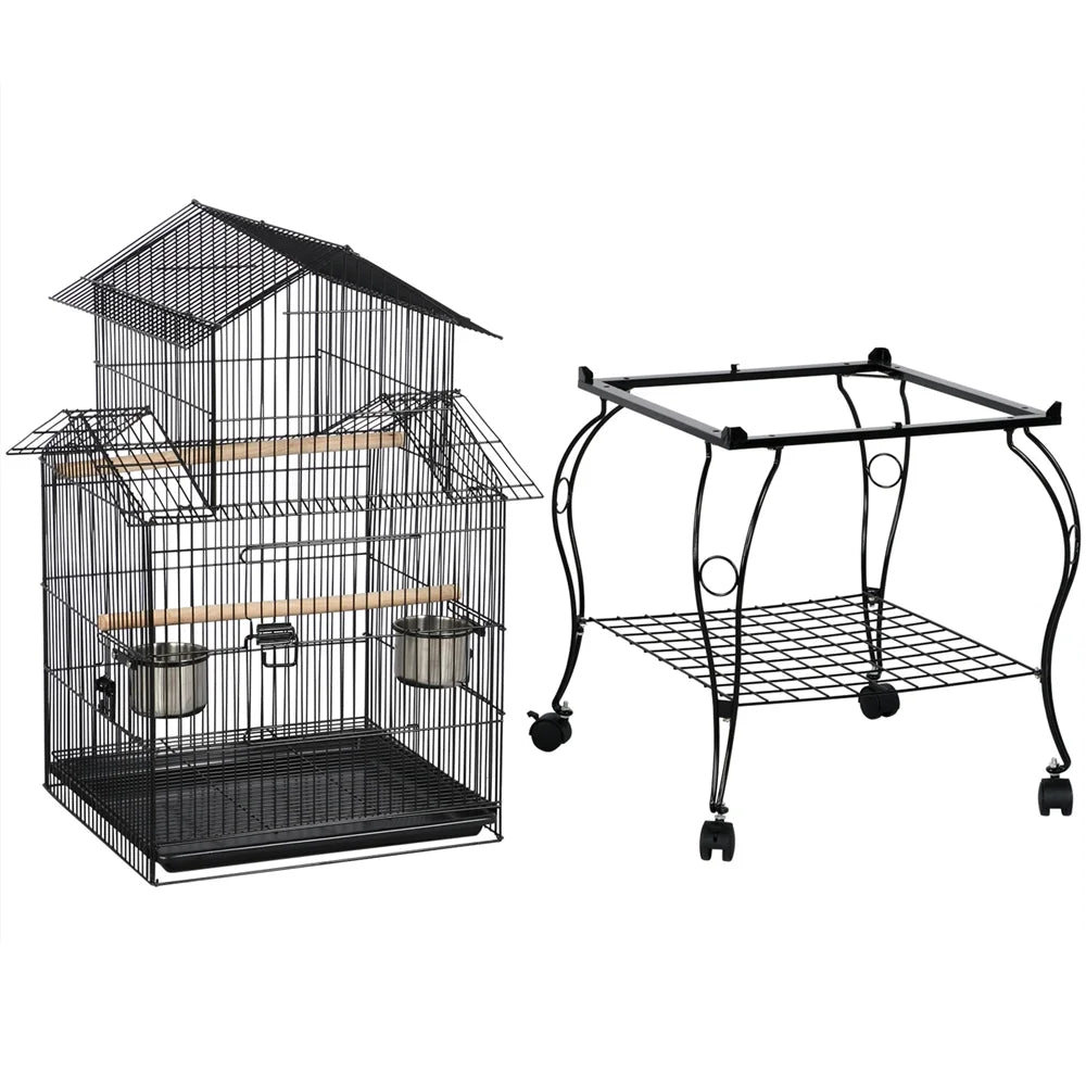 55'' Metal Rolling Bird Cage with Stand, Black