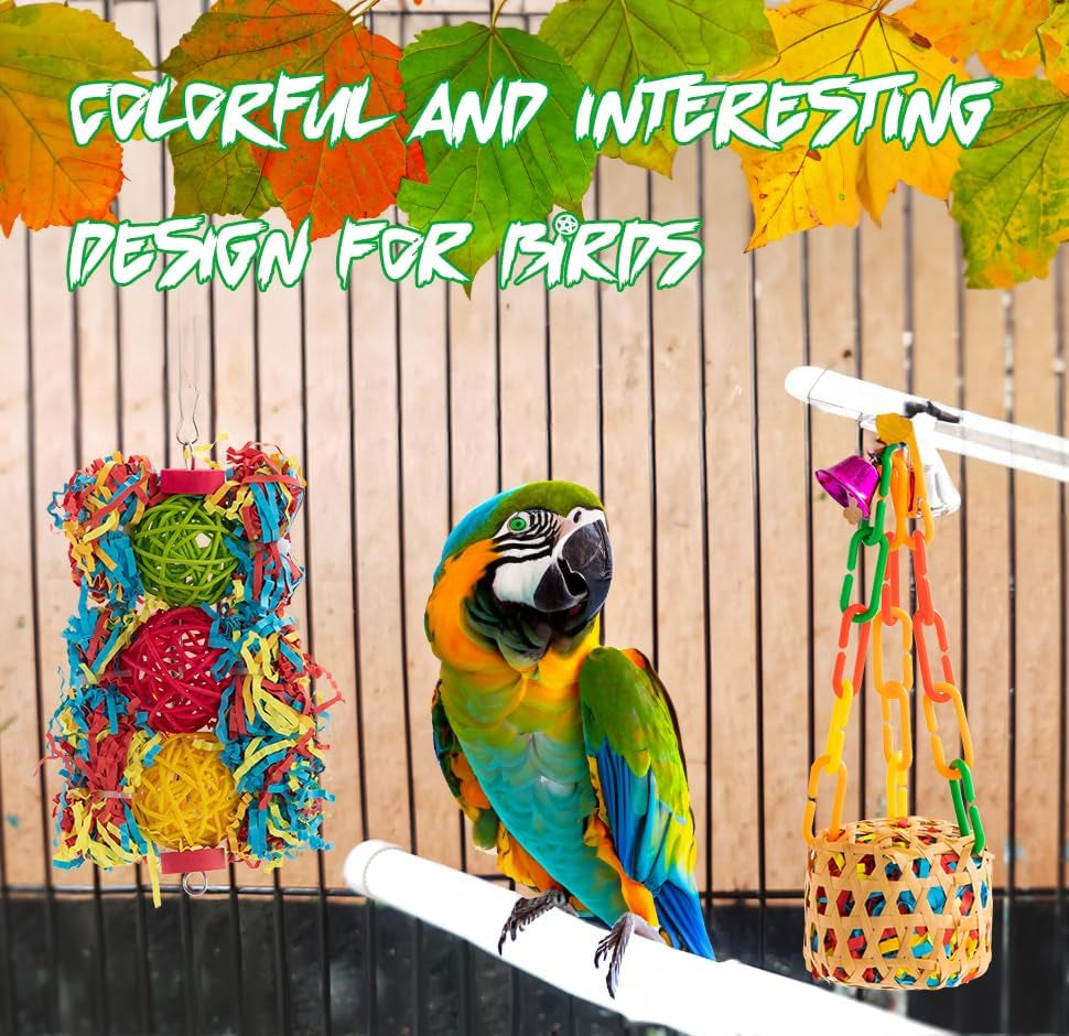 6 Pack Bird Toys for Parakeet, Parrot & Conure Delights- Featuring Foraging and Chewing Delights, Large Bird Accessories, and Unique Cage Perches for a Joyful Aviary