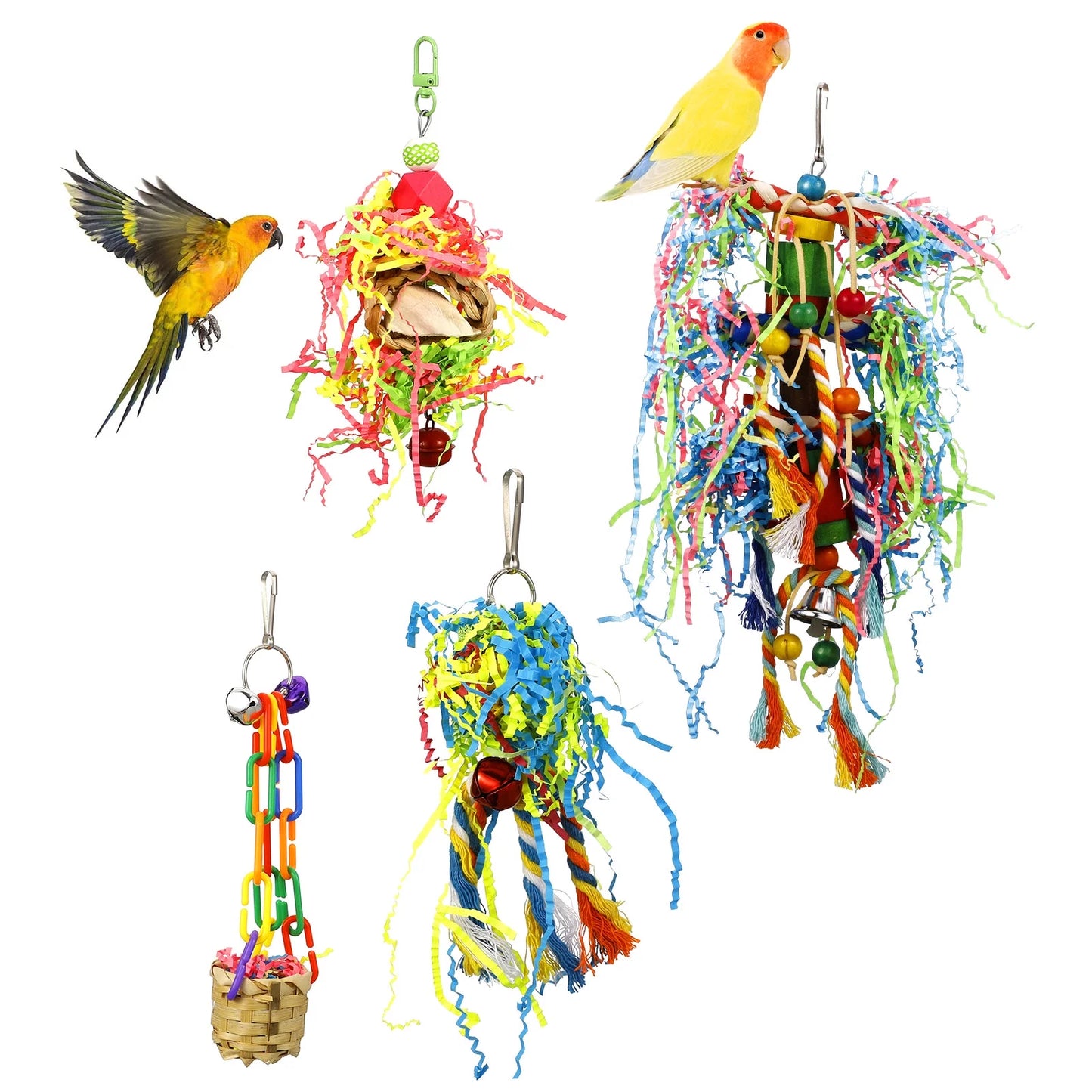 4 Pack Bird Shredding Toys,Parrots Chewing Hanging Foraging Toys Parrots Cage Shredder Toys Birds Budgies Cage Accessories for Small Parakeets,Conures,Love Birds,Finches