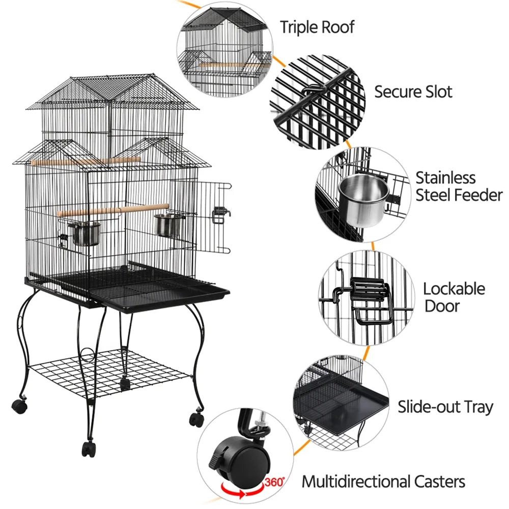 55'' Metal Rolling Bird Cage with Stand, Black