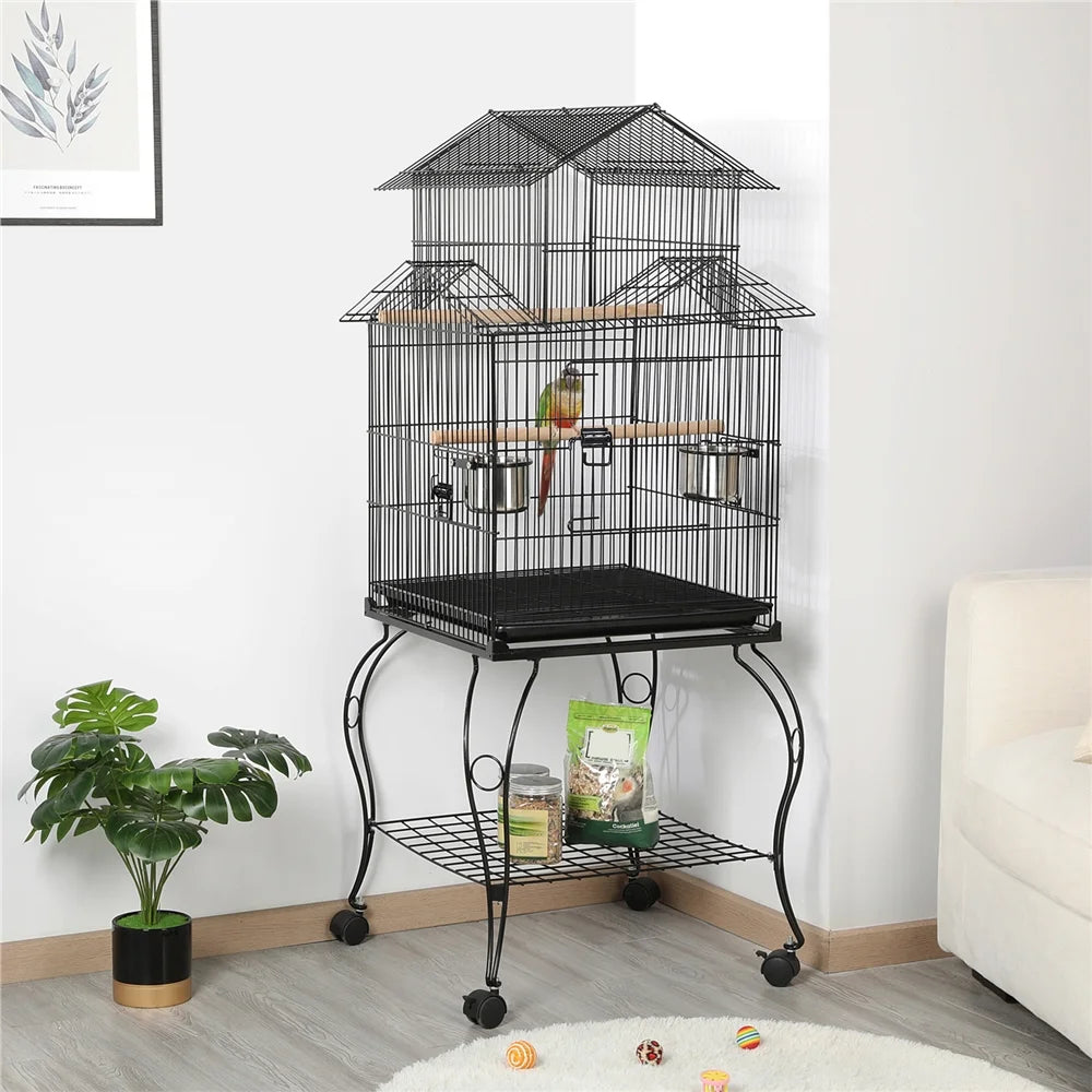 55'' Metal Rolling Bird Cage with Stand, Black