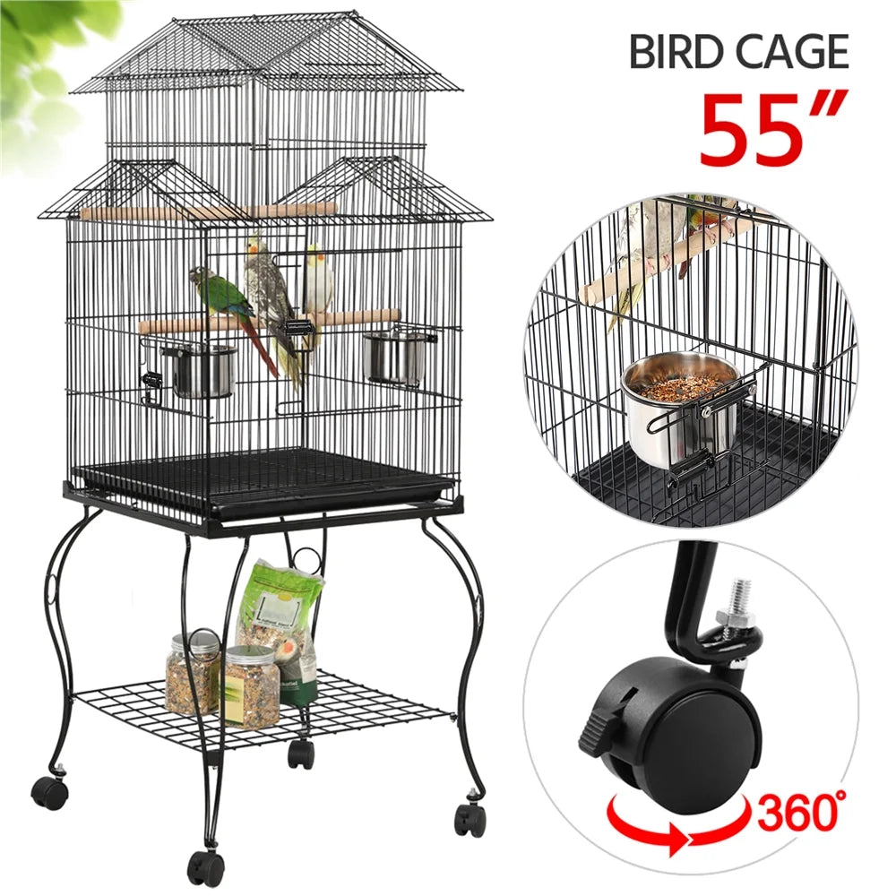 55'' Metal Rolling Bird Cage with Stand, Black