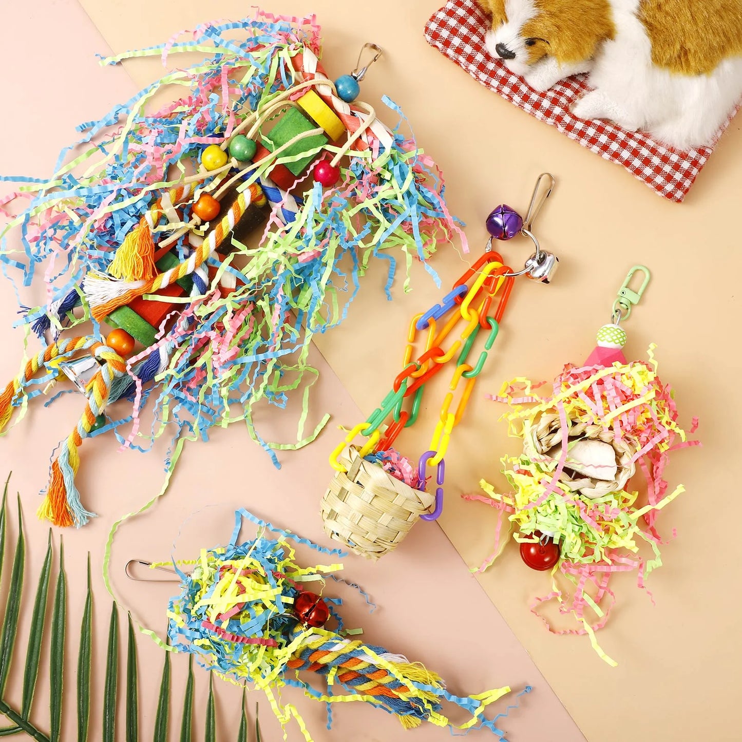 4 Pack Bird Shredding Toys,Parrots Chewing Hanging Foraging Toys Parrots Cage Shredder Toys Birds Budgies Cage Accessories for Small Parakeets,Conures,Love Birds,Finches