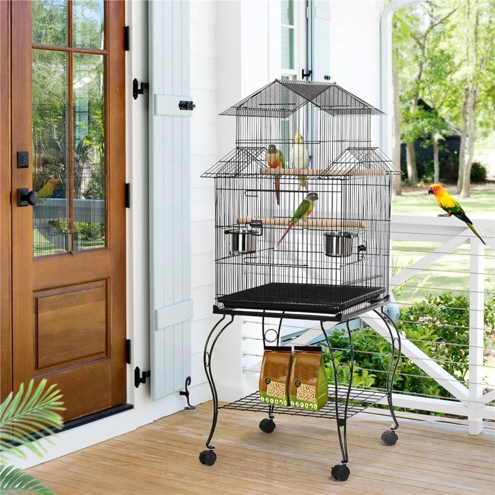 55'' Metal Rolling Bird Cage with Stand, Black
