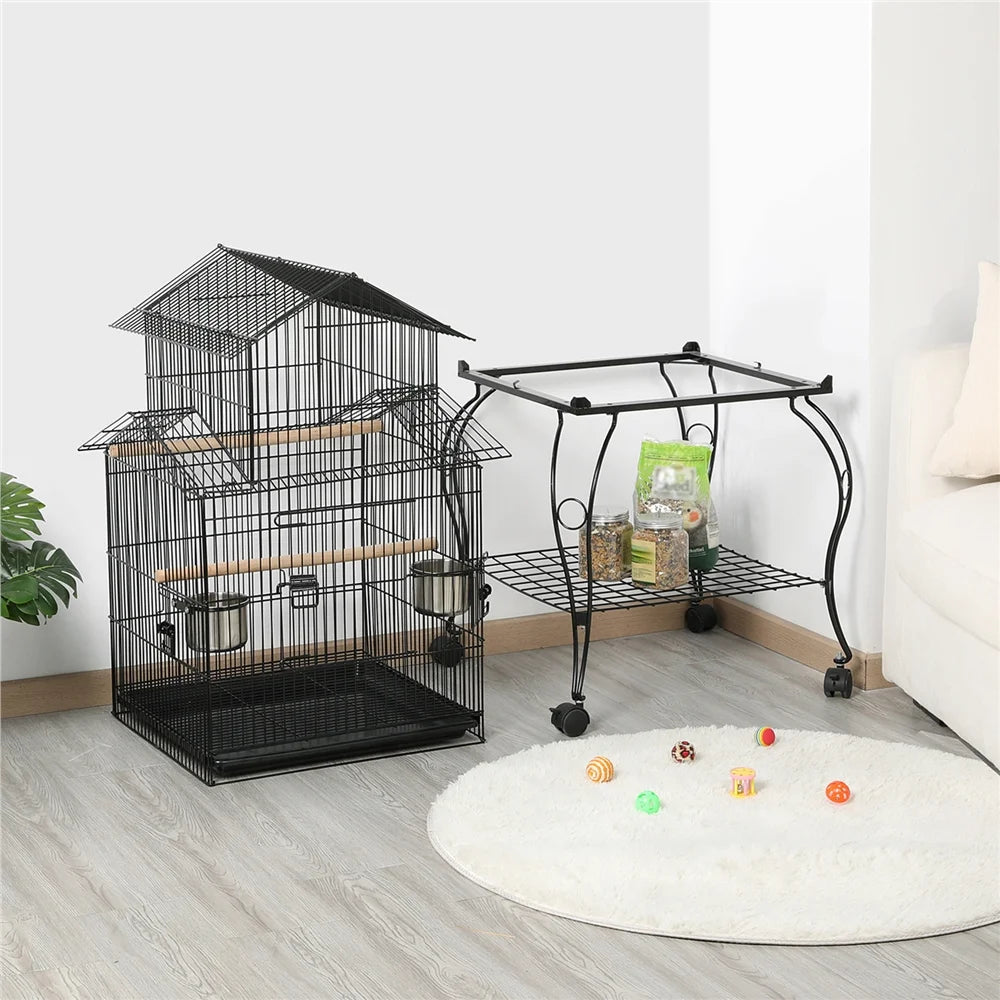 55'' Metal Rolling Bird Cage with Stand, Black