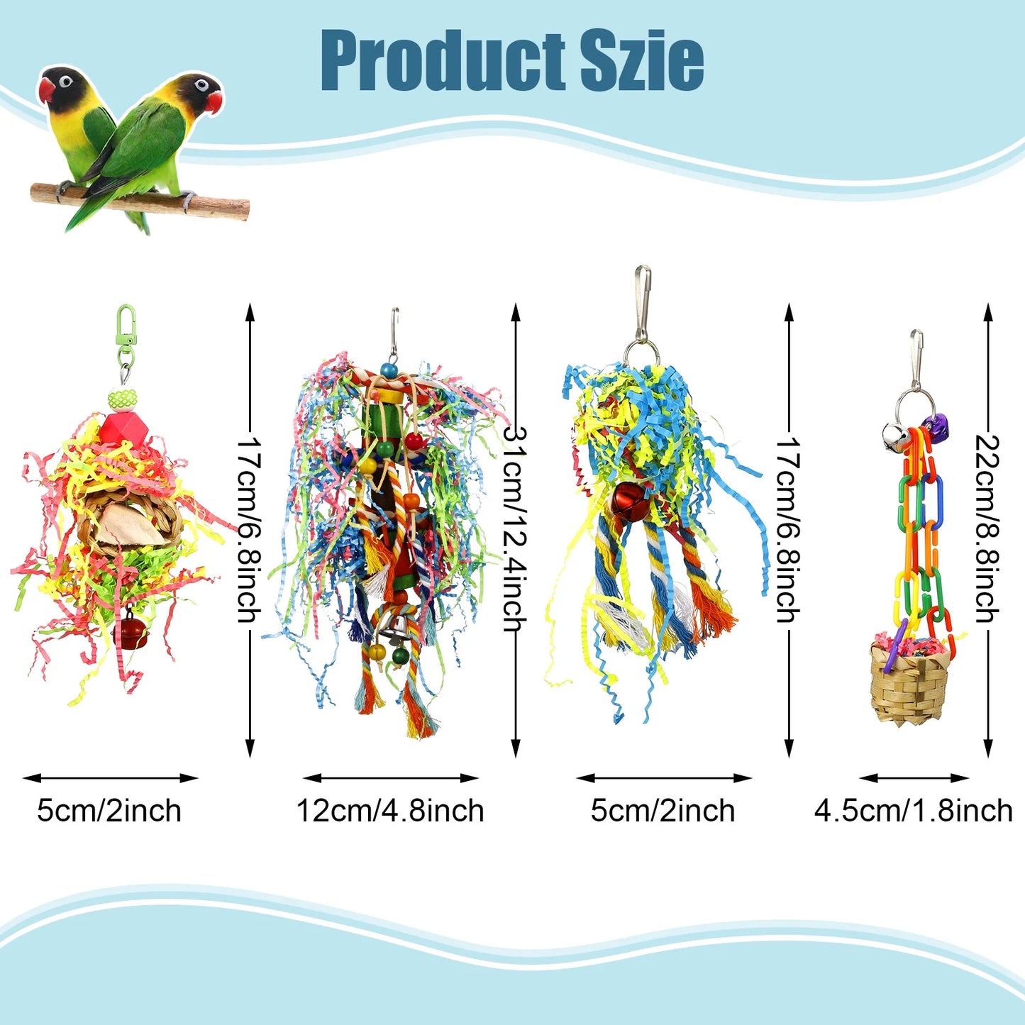 4 Pack Bird Shredding Toys,Parrots Chewing Hanging Foraging Toys Parrots Cage Shredder Toys Birds Budgies Cage Accessories for Small Parakeets,Conures,Love Birds,Finches