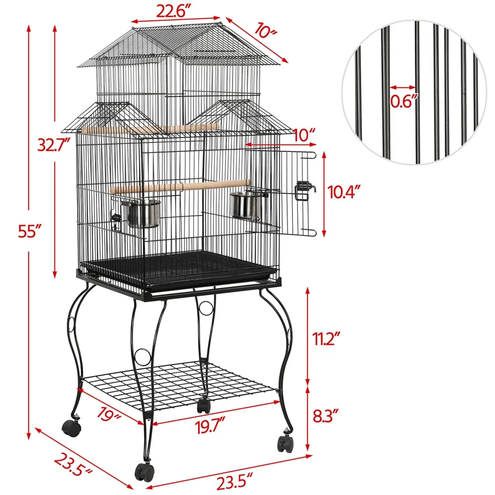 55'' Metal Rolling Bird Cage with Stand, Black