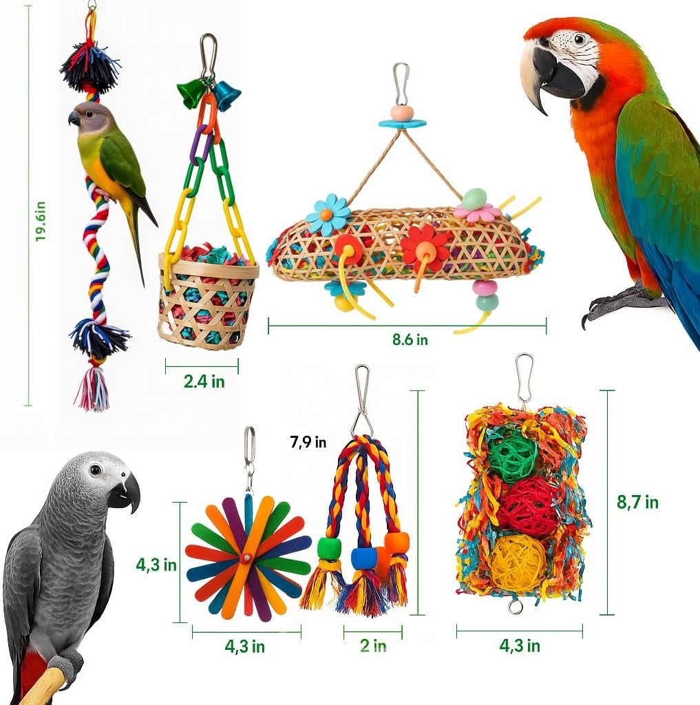 6 Pack Bird Toys for Parakeet, Parrot & Conure Delights- Featuring Foraging and Chewing Delights, Large Bird Accessories, and Unique Cage Perches for a Joyful Aviary