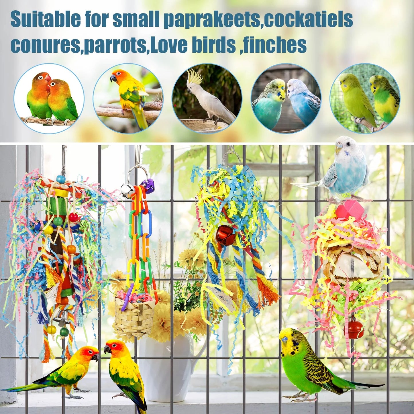 4 Pack Bird Shredding Toys,Parrots Chewing Hanging Foraging Toys Parrots Cage Shredder Toys Birds Budgies Cage Accessories for Small Parakeets,Conures,Love Birds,Finches