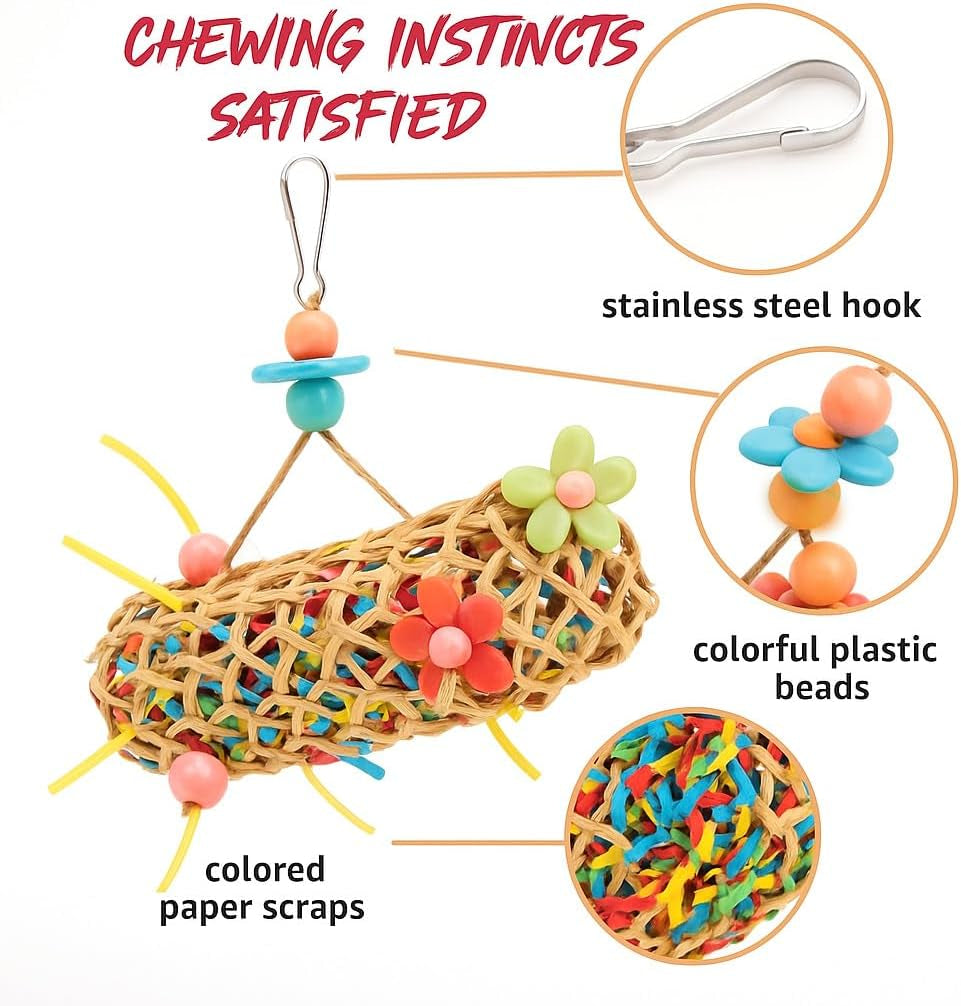 6 Pack Bird Toys for Parakeet, Parrot & Conure Delights- Featuring Foraging and Chewing Delights, Large Bird Accessories, and Unique Cage Perches for a Joyful Aviary