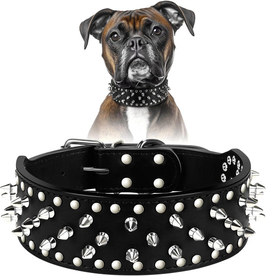 Leather Dog Collar Studded Puppy Collar with Spikes for Large Medium Dogs,2" Width(Black,Xs)