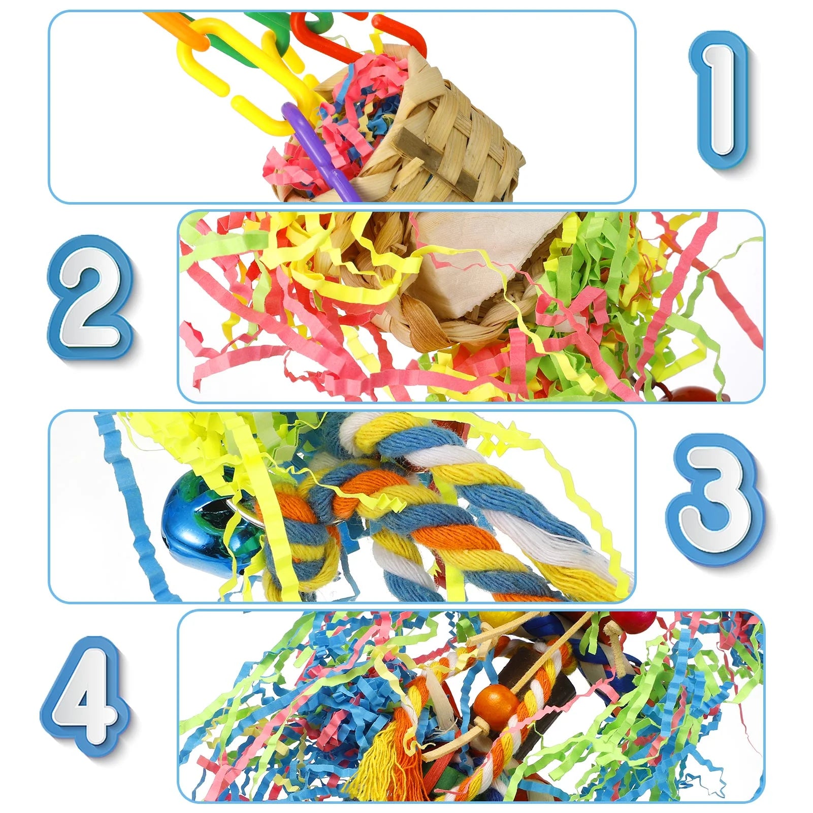 4 Pack Bird Shredding Toys,Parrots Chewing Hanging Foraging Toys Parrots Cage Shredder Toys Birds Budgies Cage Accessories for Small Parakeets,Conures,Love Birds,Finches