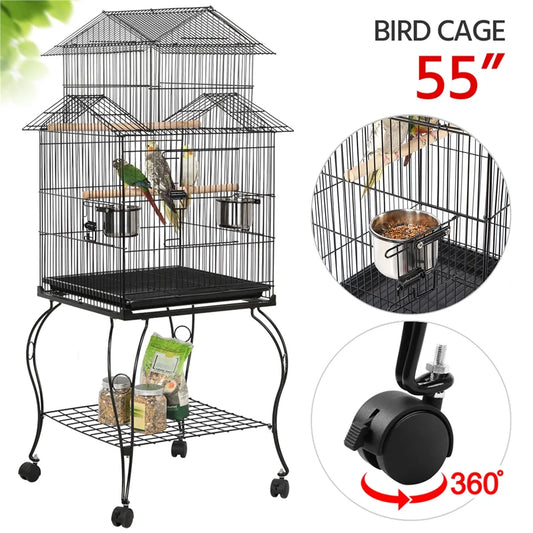 55'' Metal Rolling Bird Cage with Stand, Black