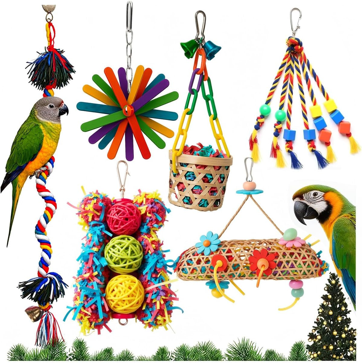 6 Pack Bird Toys for Parakeet, Parrot & Conure Delights- Featuring Foraging and Chewing Delights, Large Bird Accessories, and Unique Cage Perches for a Joyful Aviary